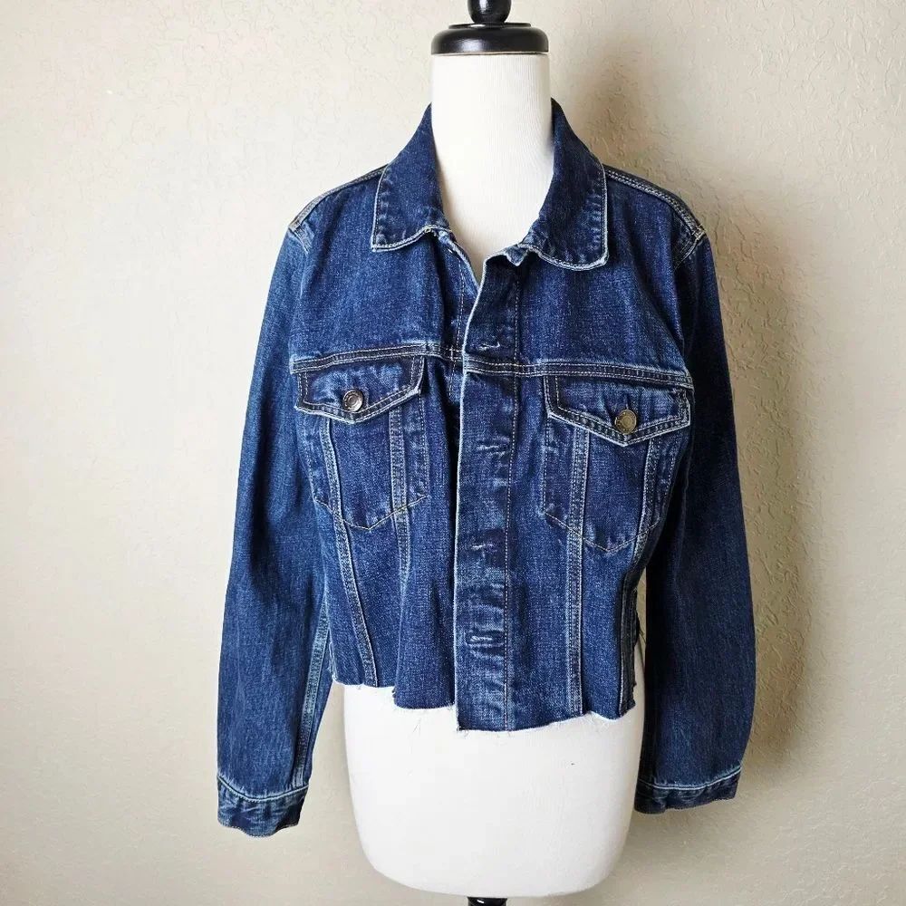 Zara Cropped Dark Wash Denim Jean Jacket Womens Size L New